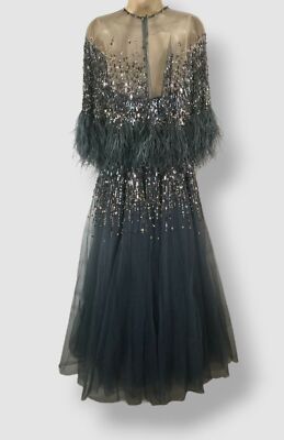 Jenny Packham Women's Blue Dusty Miller Embellished Feather Cape Gown Dress  Sz 4 | eBay
