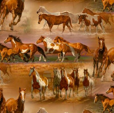 Running Horses In The Field Sewing Quilting Cotton Fabric by David Textiles 