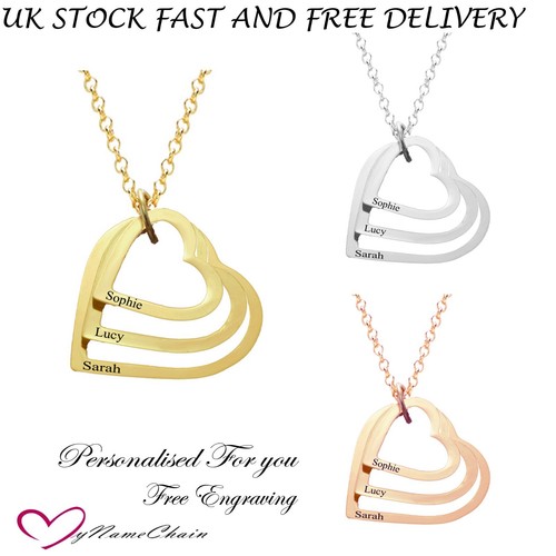 Personalised 3 Heart Love Pendant Name 