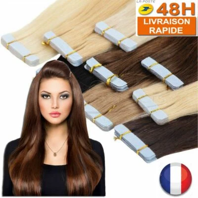 EXTENSION TAPE BANDE ADHESIVE CHEVEUX 100% NATURELS REMY HAIR 53 CM AUX CHOIX