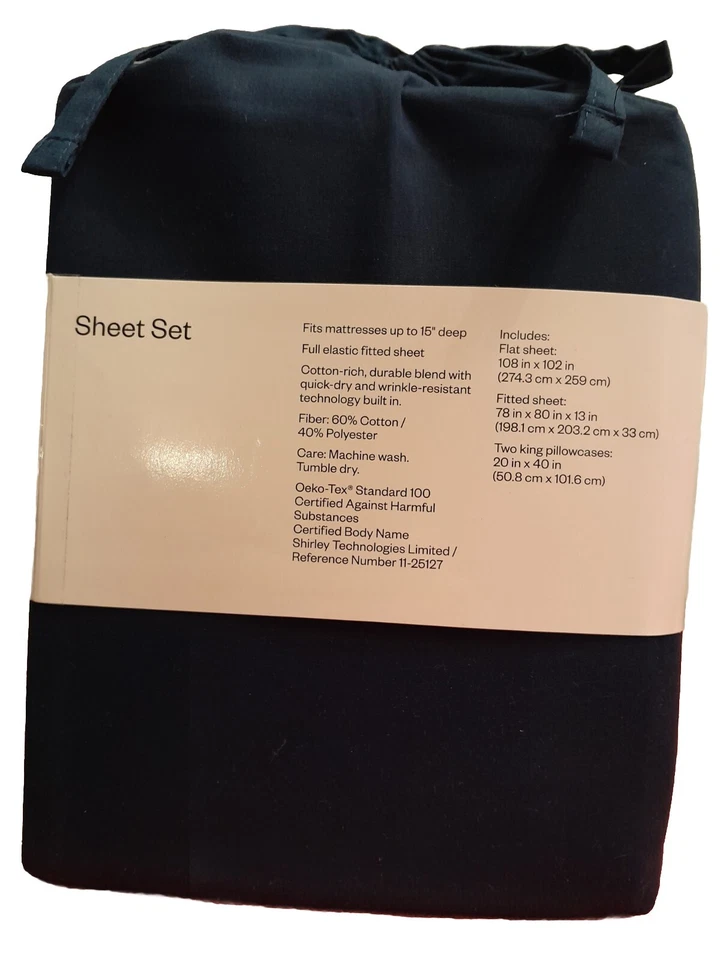 ROOM ESSENTIALS EASY CARE COTTON KING SIZE SHEET SET 225 THREAD COUNT NAVY - Image 2 of 4