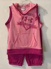 Under Armour Girls Large Pink Fleece Outfit- Vneck Hoodie Tank and Capris A2914