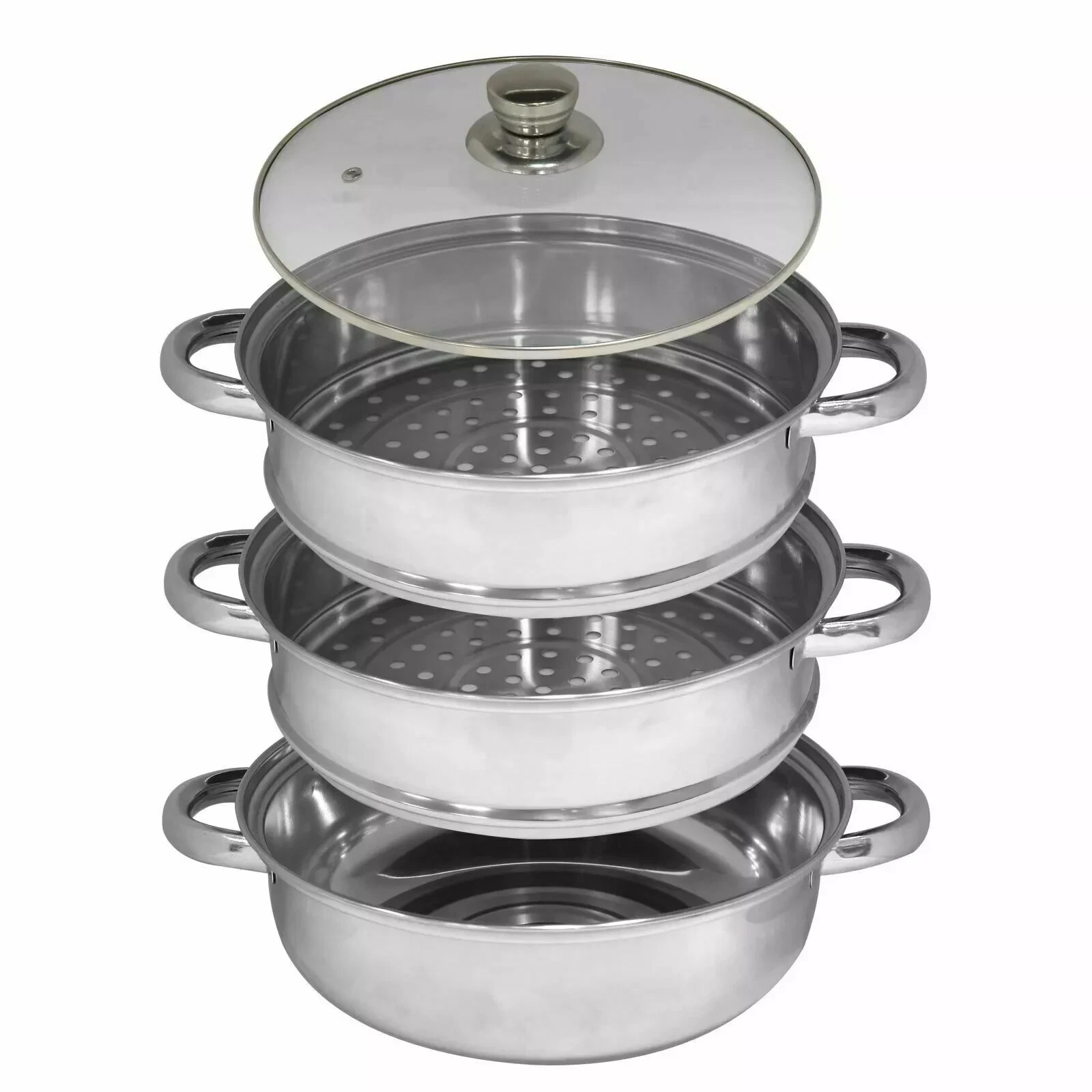 3 Tier Steamer 25cm Stainless Steel Cooker Pot Set Glass Lid Cookware Stove Top
