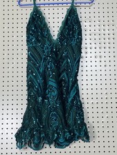 Pretty Little Thing Womens Emerald Green Lacy Sequined Sexy Evening Dress - Sz 2