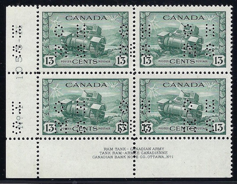 Canada, 1942, Scott #O258, Plate Block of 4, Plate #1, Mint, O.G., N.H.