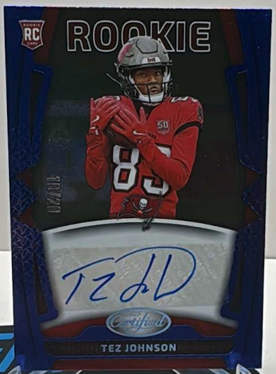 2025 Panini Certified - Rookies Signatures Tez Johnson #RSI-TJN Blue Etch /20