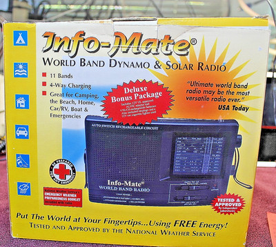 Info-Mate World Band Radio Dynamo, Solar Power, Manuals, AC Adapter, Batteries