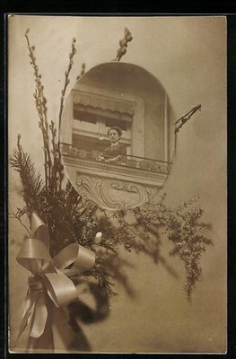 Photo postcard lady on the balcony, mat, branches with bow 
