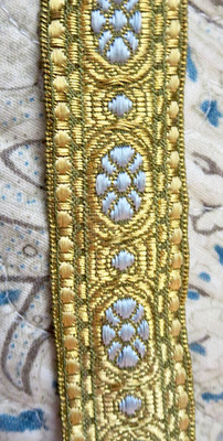 1900s German Gold Metallic Thread With Blue Trim Ribbon 1 Inch Wide Sold By Yard