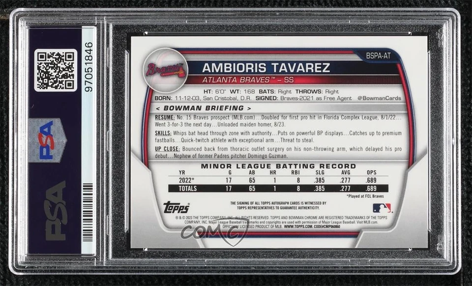 2023 Bowman Sapphire Edition Aqua /99 Ambioris Tavarez PSA 10 GEM MT Auto - Image 2 of 2