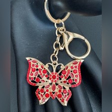 BAG CHARM Gold Tone Crystal Butterfly Keychain in Red NWT