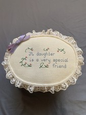 Vtg Handmade Sentimental Crochet Basket For Daughter W/ Lace Purple Ribbon