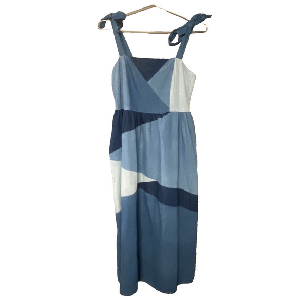 River Island Patchwork Sun Dress Womens UK 16 Blue Denim Maxi Shirred Back Beach