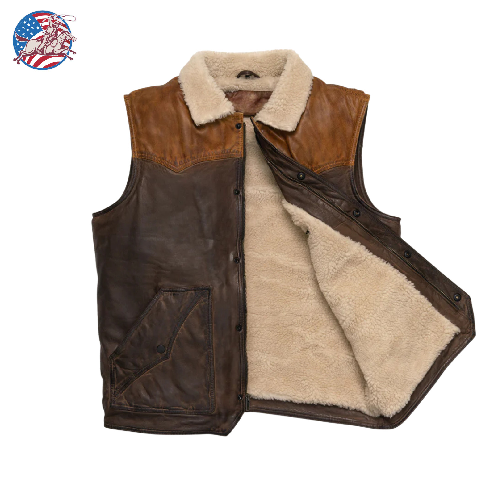 Men's Western Brown Shearling Fur Leather Vest Cowboy Ranch 