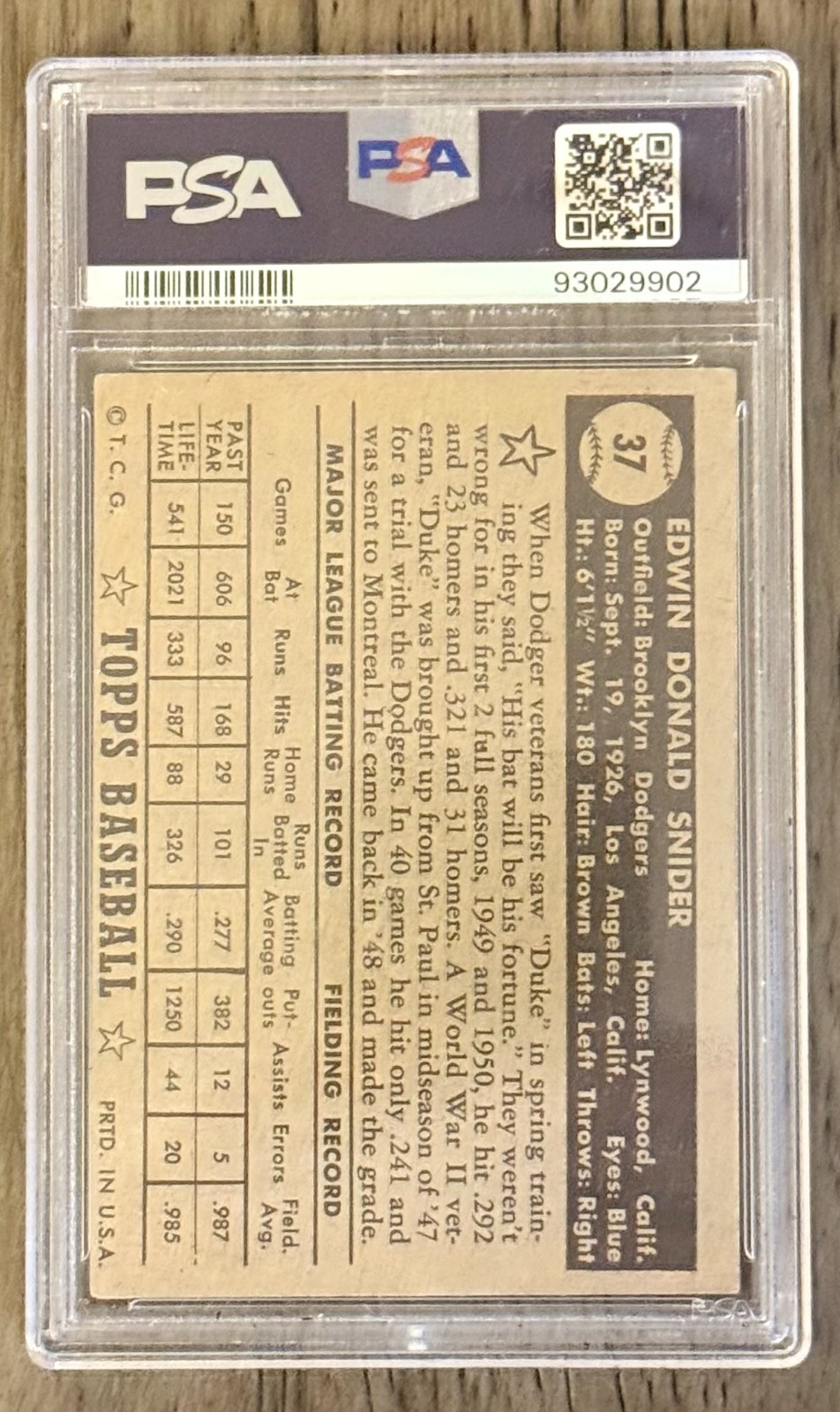 1952 Topps - Duke Snider #37 Black Back - PSA 4 - Well Centered view 2