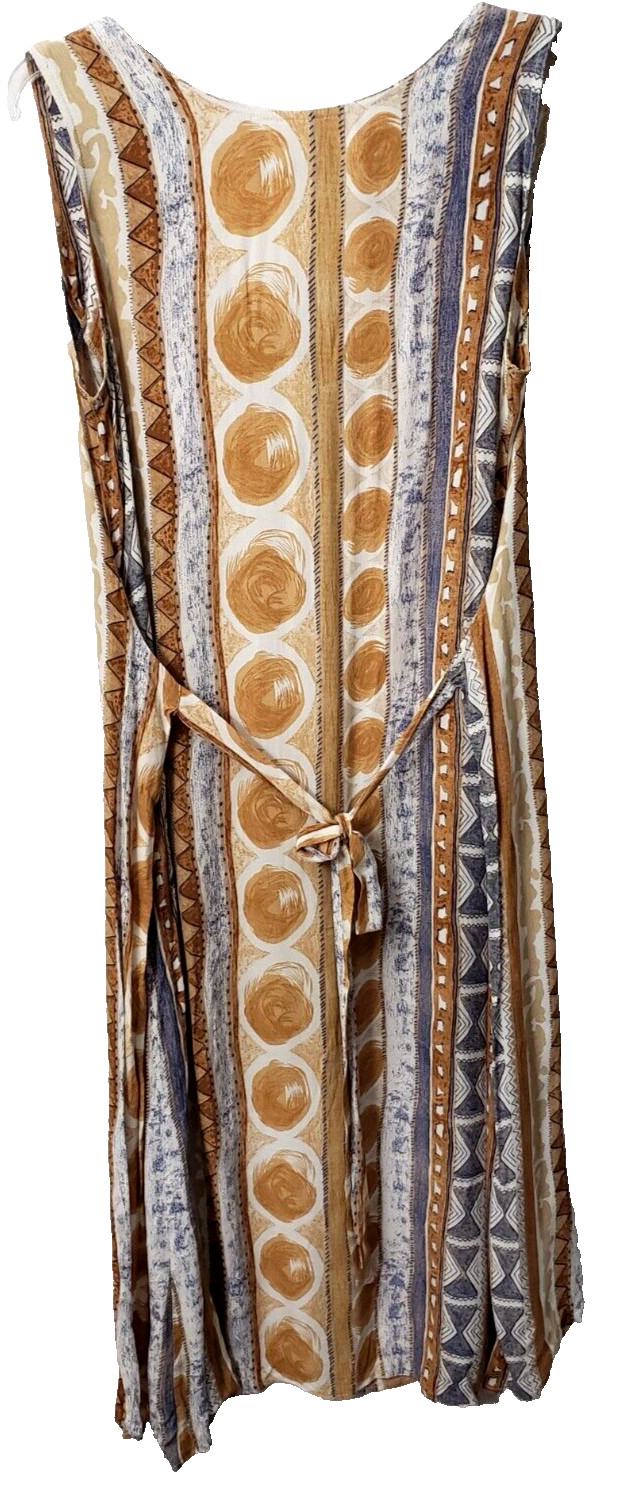 Vintage Tribal Maxi Dress M Artsy Jumper Tan Blue Button Front Hippie Boho 90s image 6