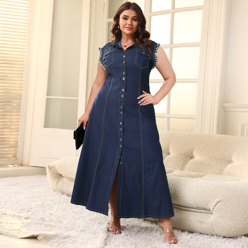 plus size long denim dress Sexyshine Women's Sleeveless Full Button Closure Denim Dress Lapel V Neck A  Line Plus Size Tank Top Jeans Maxi Dresses(31216ZQ,XL) Blue at Amazon  Women's Clothing store