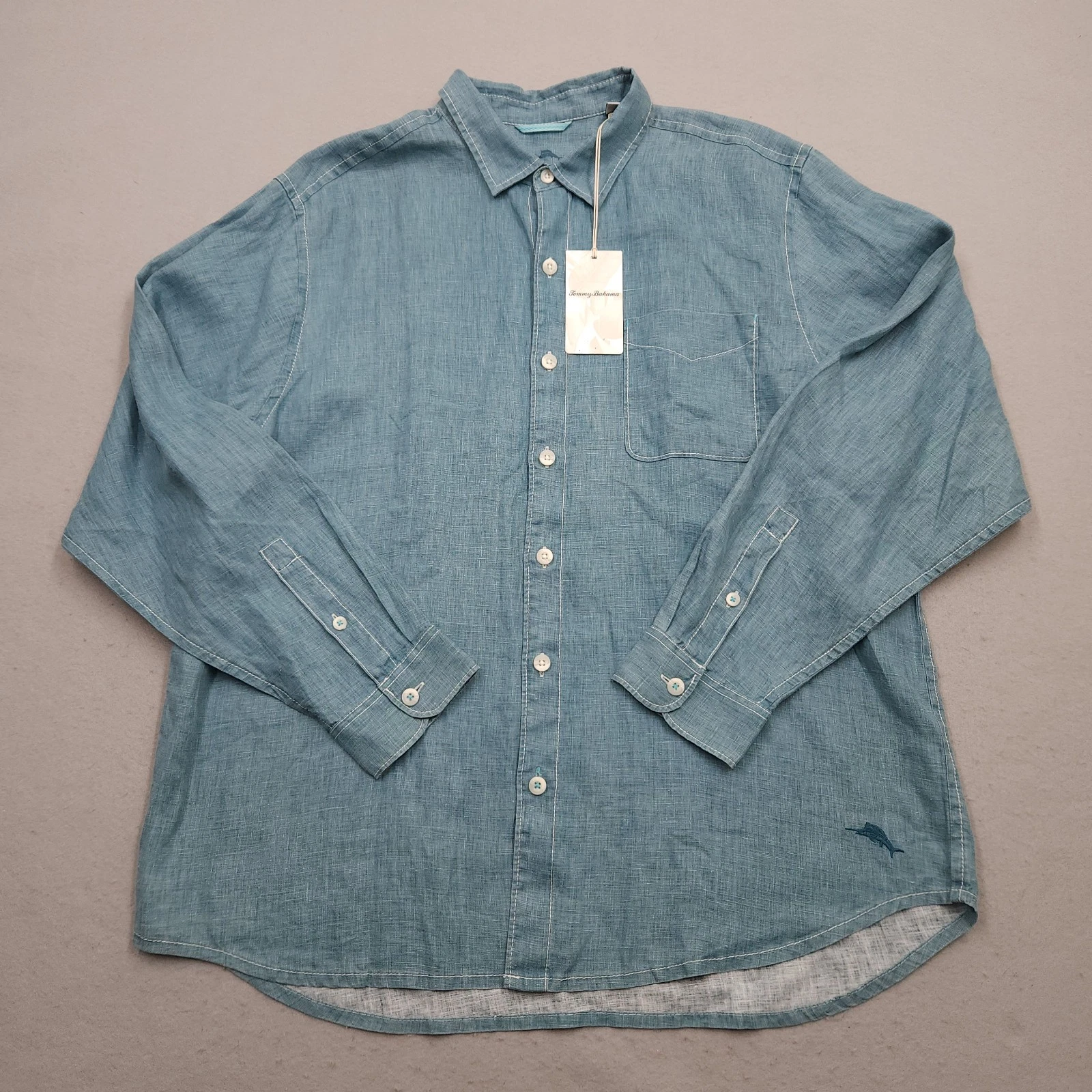 NEW Tommy Bahama Shirt Mens Extra Large Blue 100% Linen Button Up Long Sleeve XL