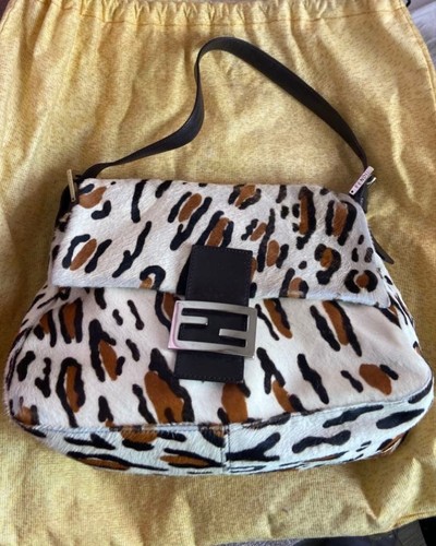 Auth FENDI Mamma Baguette Leopard Haircalf Shoulder Bag Pony hair FF Logo Brown