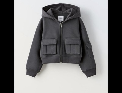 Zara Girls Cropped Zip Hoodie Utility Pocket Gray Size 11/12  Fleece