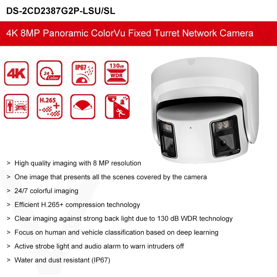 Hikvision 4K 8MP Panoramic Dual Lens 180° ColorVu IP Camera DS-2CD2387G2P-LSU/SL - image 3 of 4