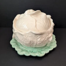 Vintage 1977 Hand Painted White Cabbage Leaf Covered Bowl with Green Under Plate