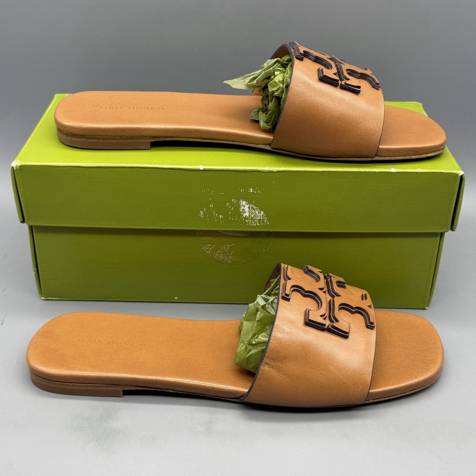 Tory Burch Ines Flat Slide Womens 7 Goat Leather Brown Designer Sandals TRIED ON thumbnail 3