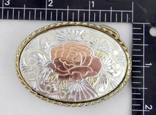 Vintage Two-Tone Belt Buckle w/Rose Motif Gold Rope-Style Border