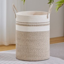100L Tall Woven Rope Laundry Hamper Storage Basket Blanket Toys Brown White