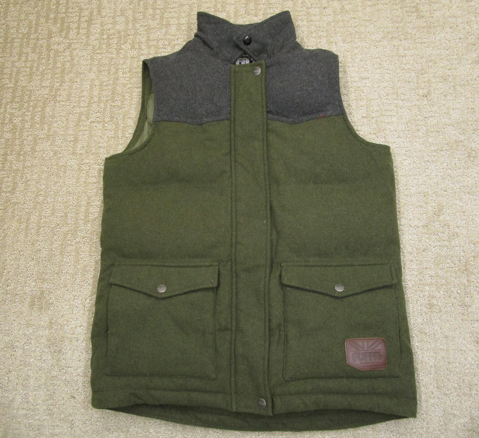Puffa Vest Men Medium Green Western Wool Blend Puffer Quilted Two Tone Panel