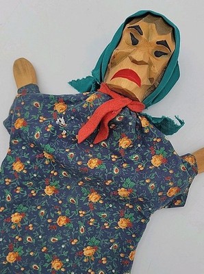 Vintage Wooden Hand Puppet Germany Spooky Cute Grandmother Witch