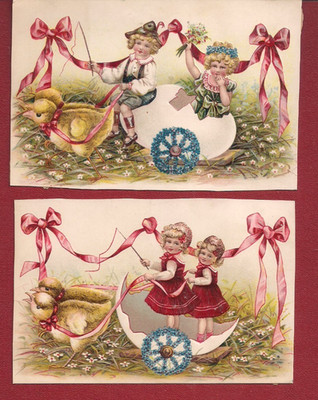 Lot of 2 two 1905-10 Embossed Easter Postcards Chicks Pulling Egg Cart