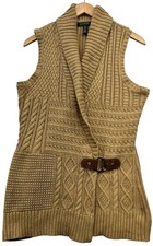Lauren Ralph Lauren Mujer Chal Cuello Suéter Chaleco Tejido con Cable Talla XL Tostado