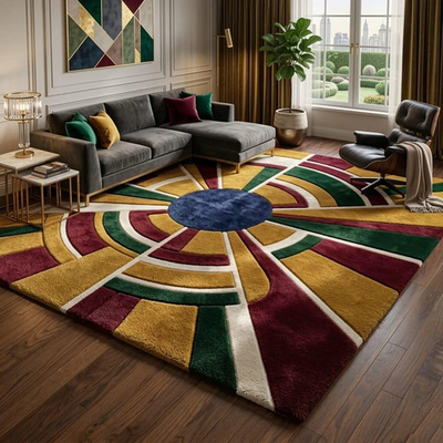 #ad Luxury Geometric Art Deco Wool Rug Multicolor Gold Red Blue Green Living Room $326.02
