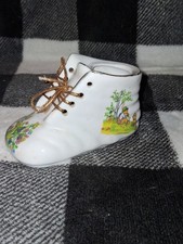 Vintage Floral/Child Porcelain Baby Shoe W/Gold Laces Trinket Holders