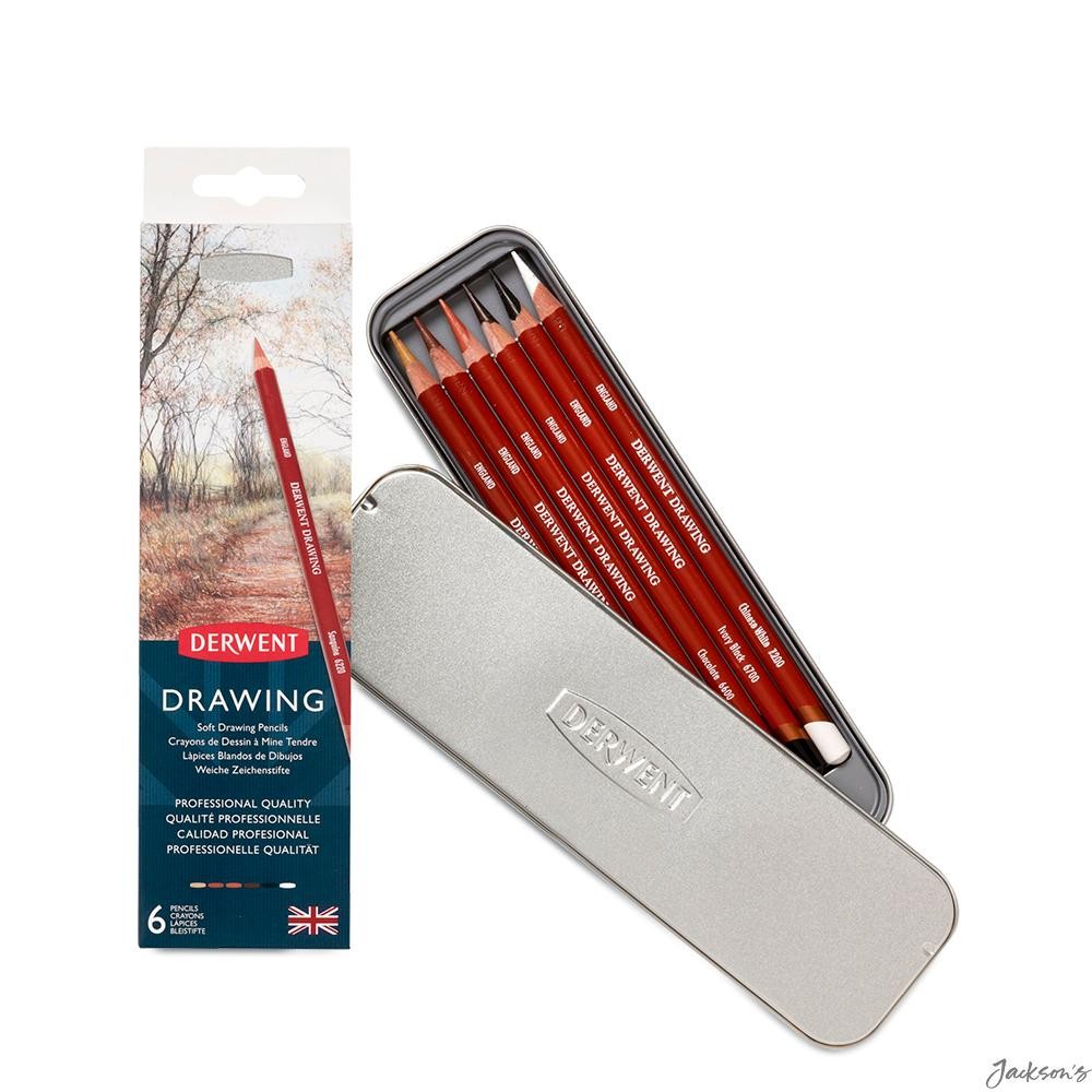 Derwent Drawing Pencil Set Metal Tin 6 Pack For Portrait Landscape Sketching