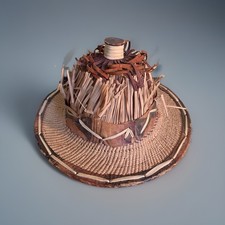 Vintage West African Fulani Handmade Leather Raffia Straw Hat Sierra Leone Ghana