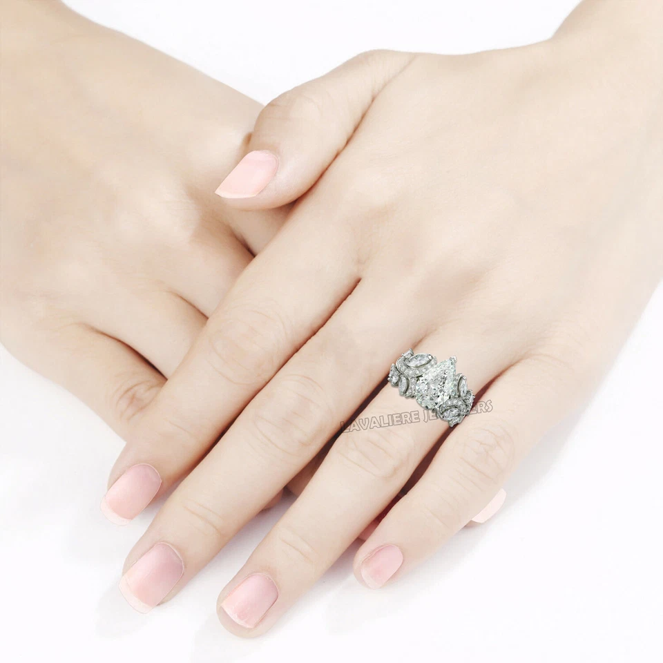 Anel de noivado folheado a ouro branco 14K vintage arte solitário corte pera 4,25 quilates - Imagem 3 de 4