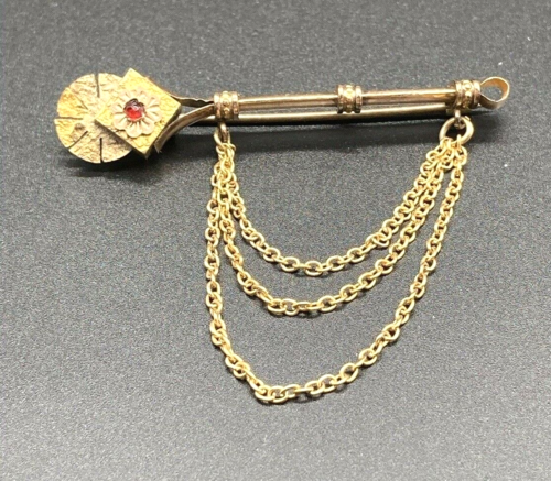Antique Halley's Comet Gold Filled Long Brooch Garnet & 3 Dangling Chain Strands