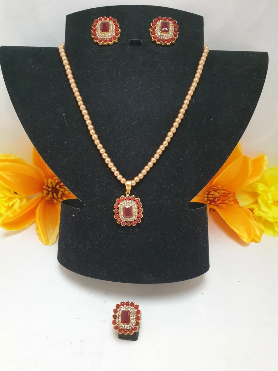 Pakistani Red Stone Combo Set With Gold champaghne Colour Chain
