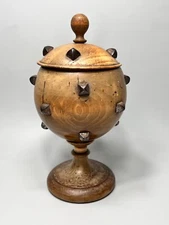 18c.Antique Turned Wood Goblet Lidded Cup Chalice Hobnail Iron Pyramid