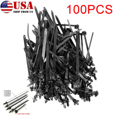 100PCS Car Push Mount Cable Ties Automotive Zip Ties Fastener Wire Harness Clips
