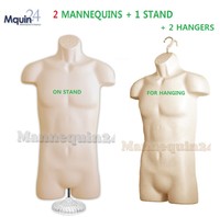 2 Flesh Mannequin Male Torsos Set - 2 Plastic Dress Forms + 2 Hangers + 1 Stand 2 Flesh Mannequin Male Torsos Set - 2 Plastic Dress Forms + 2 Hangers + 1 Stand