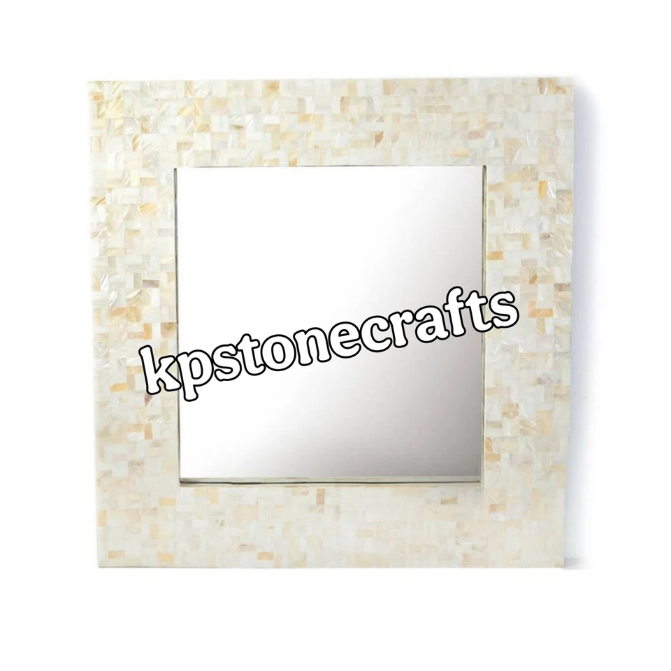 White Ocean MOP Mirror | 18" Square | Handcrafted Mother of Pearl Wall Mirror - Image 3 of 4