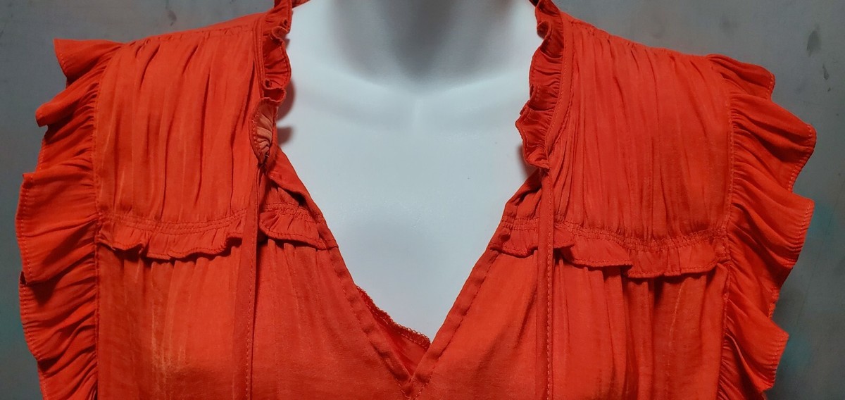 👚 Rachel Zoe Orange Red Ruffle Sleeveless Tie V-Neck Blouse Top