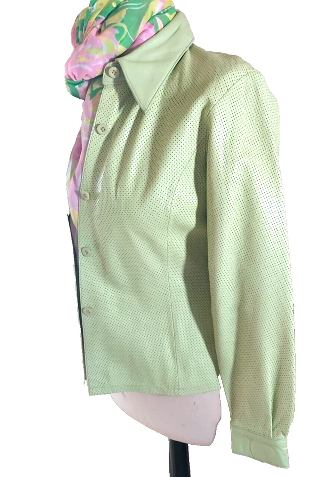 Nicola Berti Sz S Chartreuse Green Perforated Italian Leather Shirt Jacket - Image 4 of 4