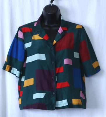 DUSEN DUSEN Geometric Prnt Silk VNck ShrtSlv Blse 38 In Chst 20 In Lng  Sz S EXC