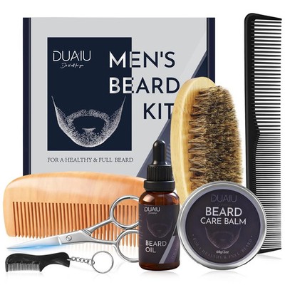DUAIU Beard Grooming Kit for Men Care, Beard Oil & Beard Balm, Boar Bristles Bru