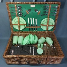 Vintage Coracle Picnic Hamper Set for 4 Wicker Basket Green Melamine 