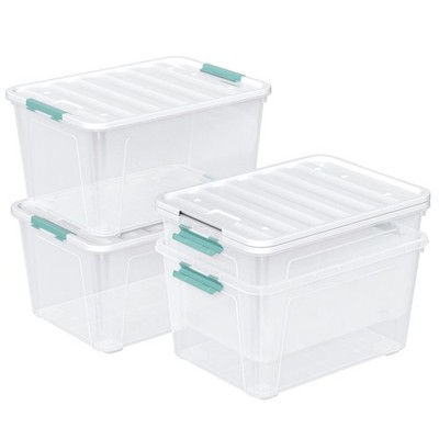 Aninhao 85 Qt Clear Latching Box with Wheels, 4 Pack Large Plastic Storage Bins